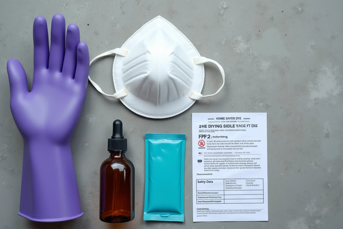 Vue à plat d'un kit de sécurité pour teinture polyester incluant gants nitrile, masque FFP2, fiche de données de sécurité et sachet de colorant sur béton brut