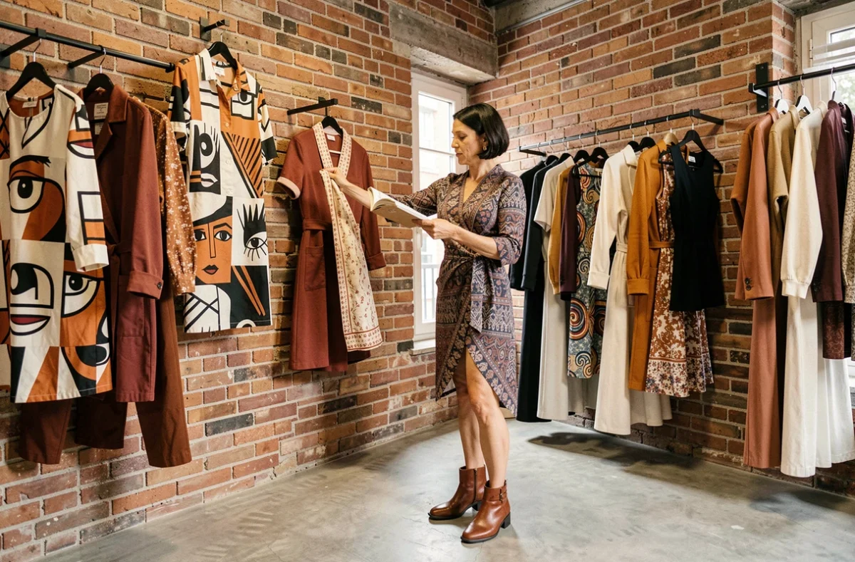 Intérieur de La Fille de Margaret à Toulouse, boutique féminine au style affirmé avec des vêtements graphiques sur des rails muraux et des murs en briques apparentes