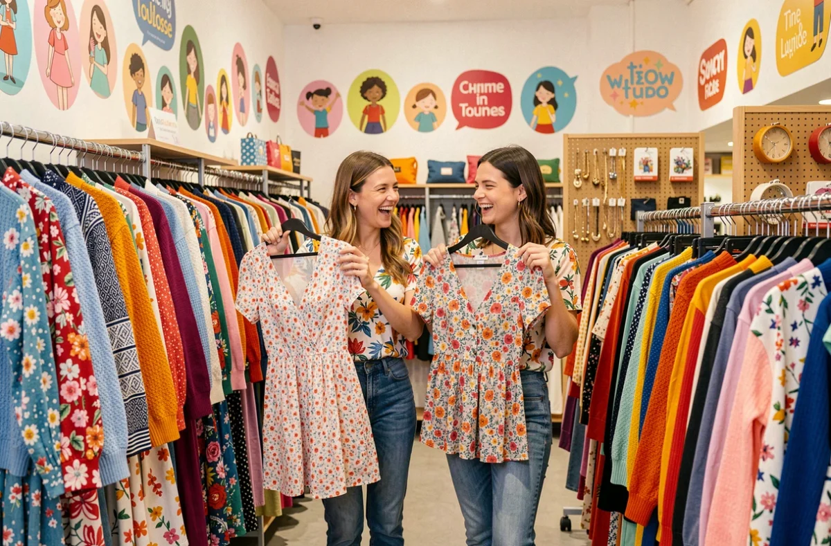 Intérieur animé du magasin Les Piplettes à Toulouse, deux clientes riant en comparant des robes parmi des portants colorés de vêtements féminins
