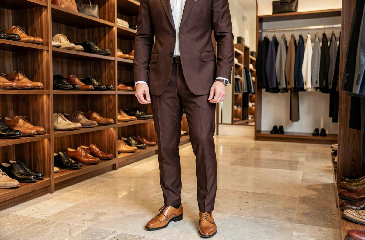 Un homme en costume brun coordonné avec des chaussures en cuir oxford dans la boutique Loding à Versailles