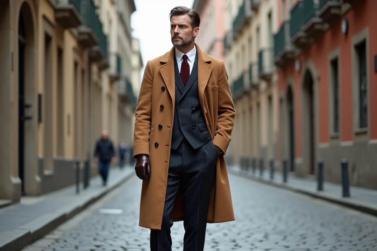 Homme en tenue années 30 complète manteau camel costume rayures et chaussures Derby sur pavés de rue européenne