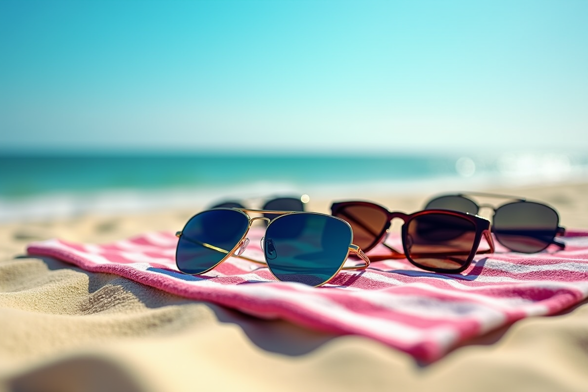 Différents styles de lunettes de soleil sur une serviette de plage