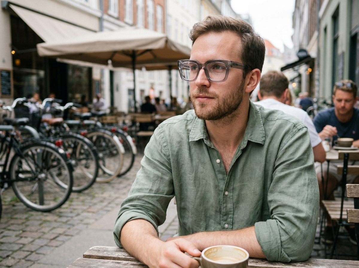 Jeune homme portant des lunettes oversize en acétate fumé gris dans un café parisien en terrasse, nouvelle tendance lunettes homme 2026