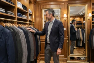Un homme élégant dans un magasin de costumes pour homme dans les Yvelines, parcourant des vêtements sur cintre