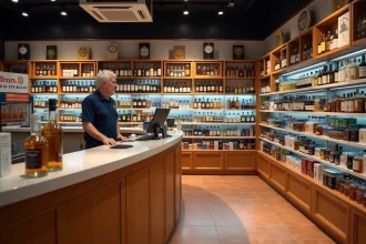 Intérieur d'un magasin Dancharia spécialisé dans la vente d'alcools et de tabac à la frontière franco-espagnole