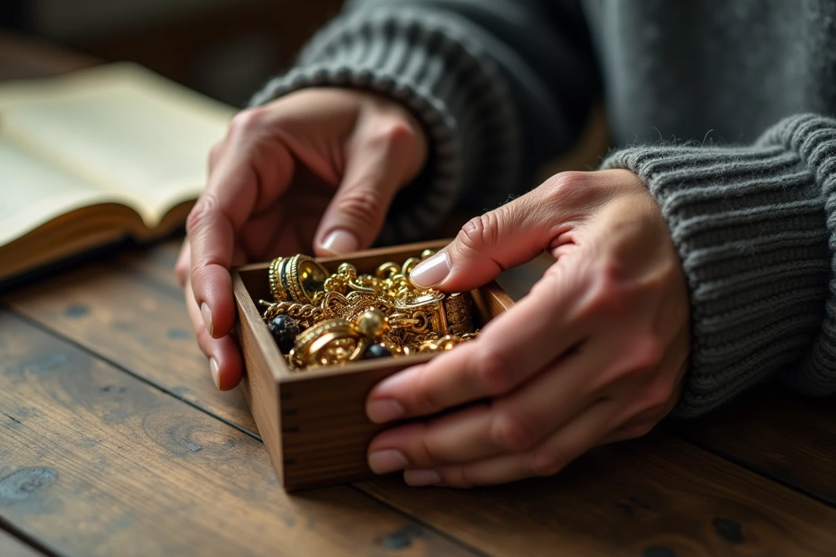 Mains d'un homme triant des bijoux plaqués or dans une boîte en bois pour estimer leur valeur de revente ou de recyclage