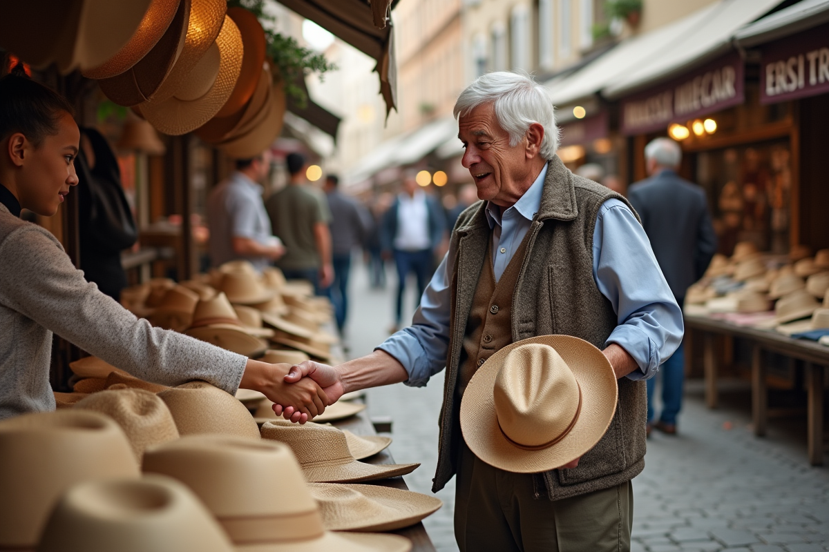 Homme âgé vendant des chapeaux dans un marché en plein air