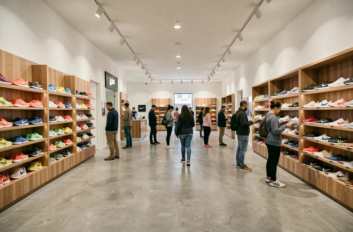 Vue panoramique d'un magasin de baskets en Centre-Val de Loire avec des rayons colorés et des clients qui essaient des chaussures