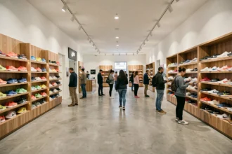 Vue panoramique d'un magasin de baskets en Centre-Val de Loire avec des rayons colorés et des clients qui essaient des chaussures