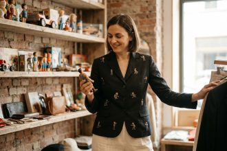 Femme trendy dans un concept store mêlant mode adulte et jouets vintage des années 90