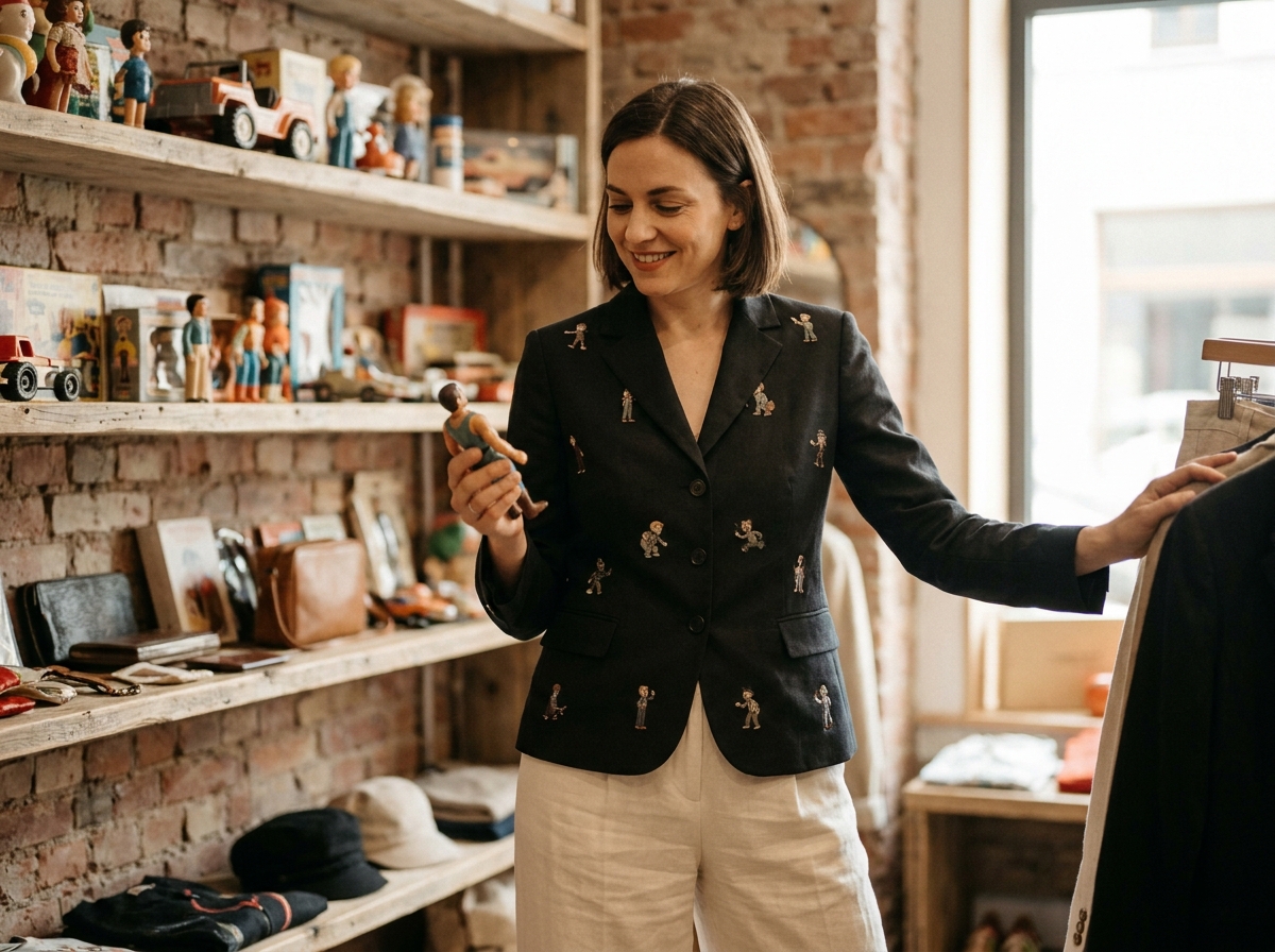 Femme trendy dans un concept store mêlant mode adulte et jouets vintage des années 90