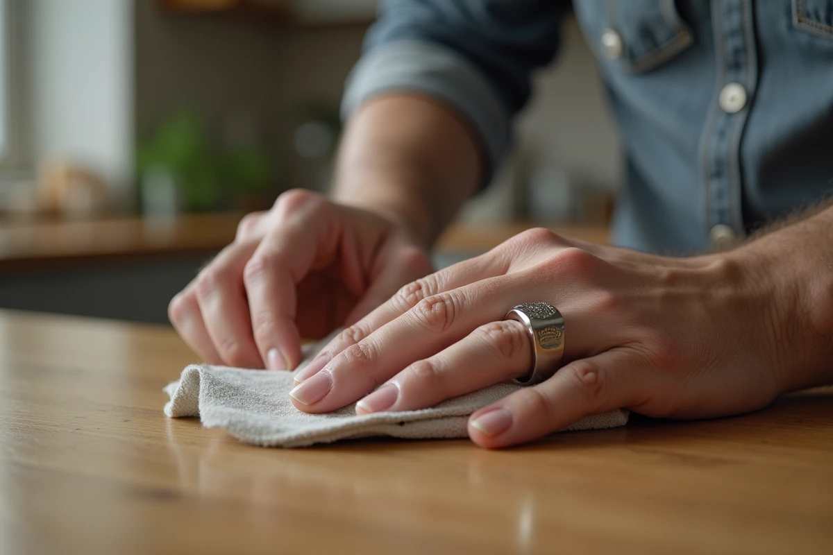 Main masculine portant une chevalière en or blanc nettoyée avec un chiffon microfibre sur une table en bois