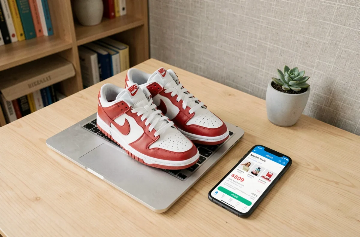 Paire de Nike Dunk Low posée sur un bureau avec un ordinateur et une appli de bons plans, symbolisant les achats de chaussures Nike pas chères en ligne