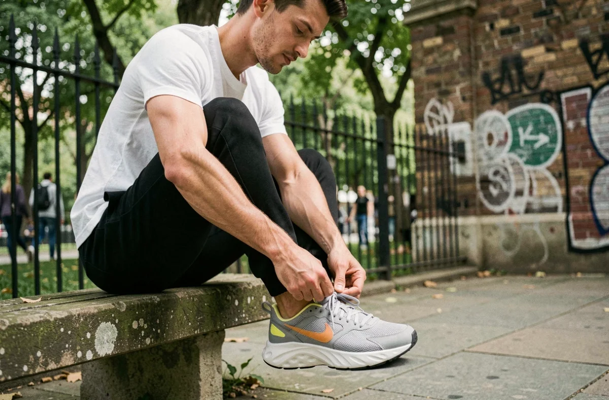 Jeune homme lacant ses Nike React grises sur un banc urbain, style streetwear tendance à petit prix