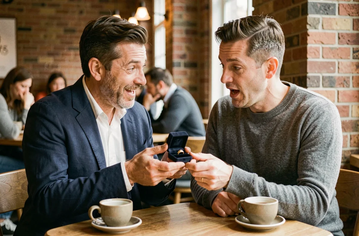 Offrir une chevalière en or comme cadeau à un homme dans un café, scène de surprise authentique