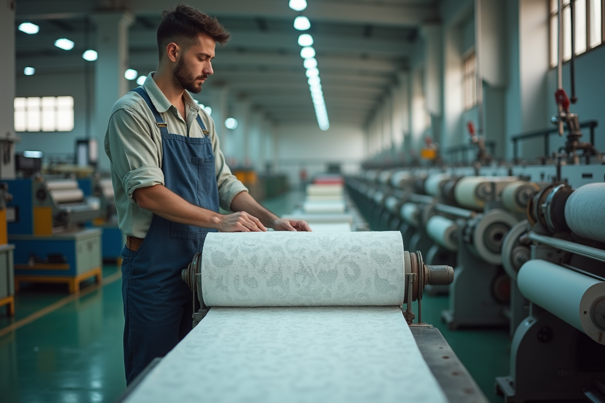 Ouvrier textile inspectant un rouleau de tissu dans l