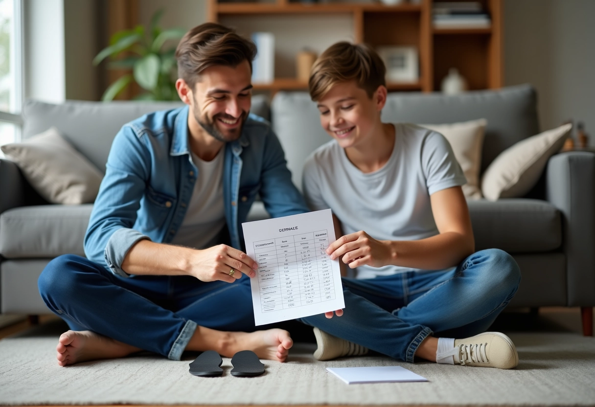 Pere et fils comparant leurs pieds avec des semelles dans le salon