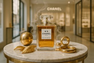 Photo d'un flacon de parfum luxueux dans une boutique élégante