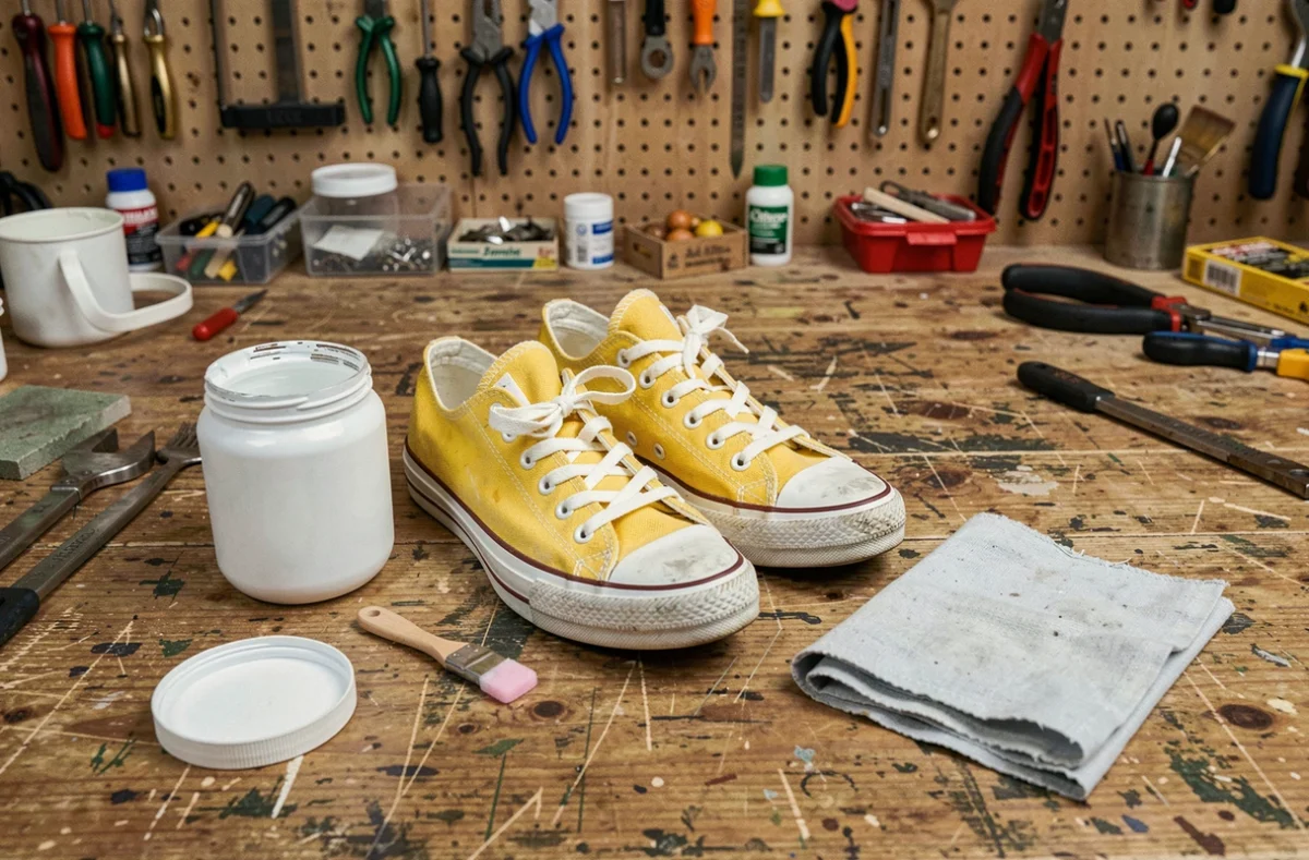 Sneakers blanches jaunies posées sur un établi avec un pot de peinture chaussure blanche et un applicateur, ambiance atelier DIY