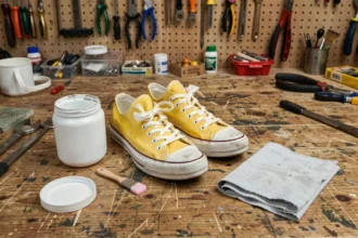 Sneakers blanches jaunies posées sur un établi avec un pot de peinture chaussure blanche et un applicateur, ambiance atelier DIY