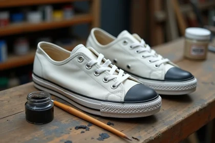 Sneakers en toile blanche personnalisées avec une peinture mate noire sur un établi en bois avec des pinceaux et pots de peinture