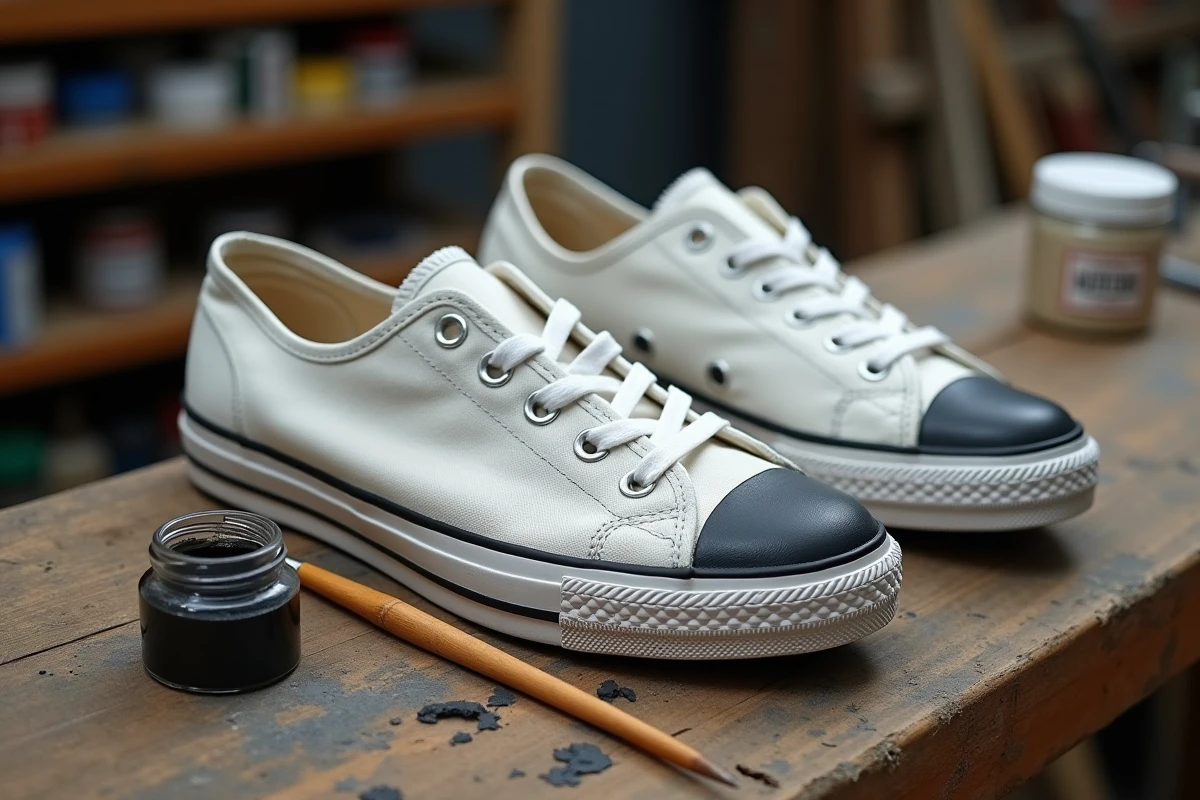 Sneakers en toile blanche personnalisées avec une peinture mate noire sur un établi en bois avec des pinceaux et pots de peinture