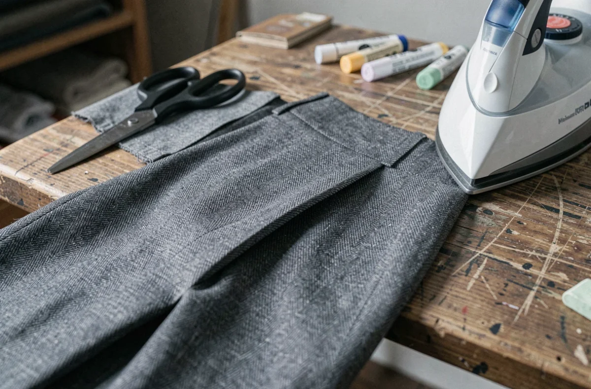 Gros plan sur le pli d'un pantalon de costume repassé avec un coussin de tailleur sur une table à repasser