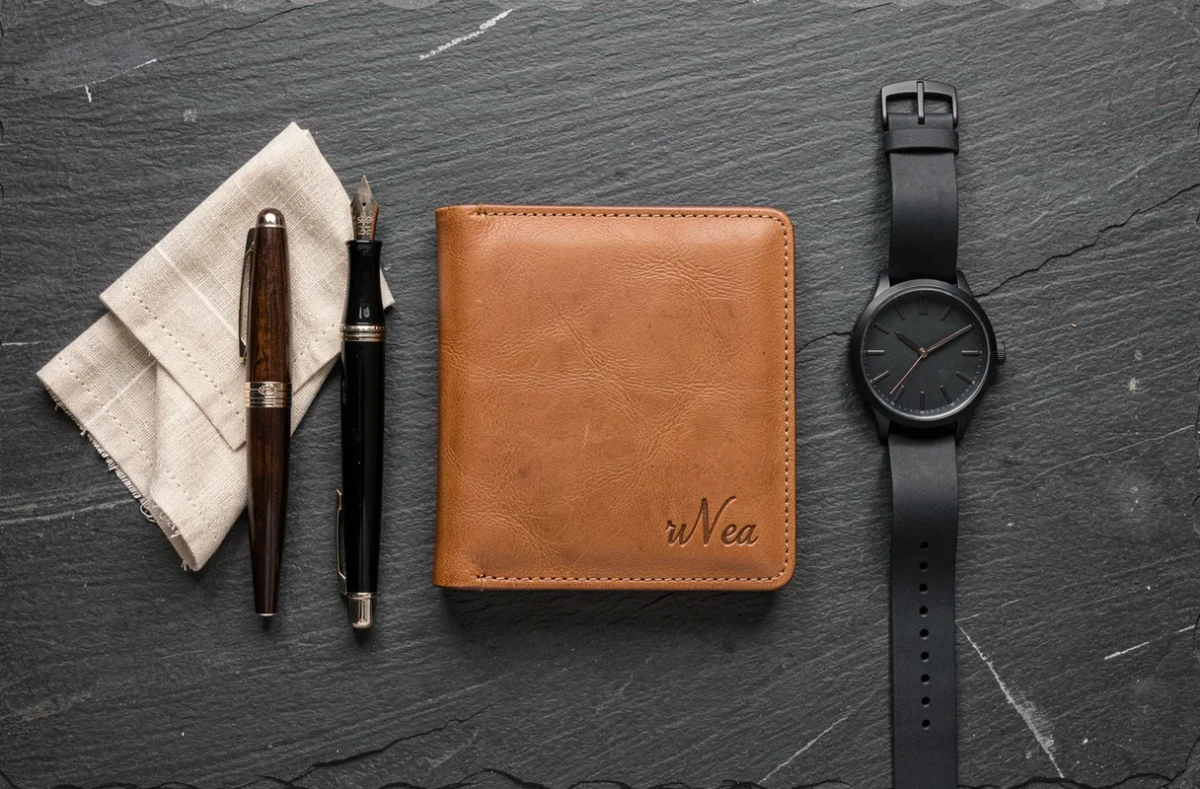 Vue du dessus d'un portefeuille homme en cuir pleine fleur caramel avec initiales personnalisées, stylo plume et montre sur ardoise
