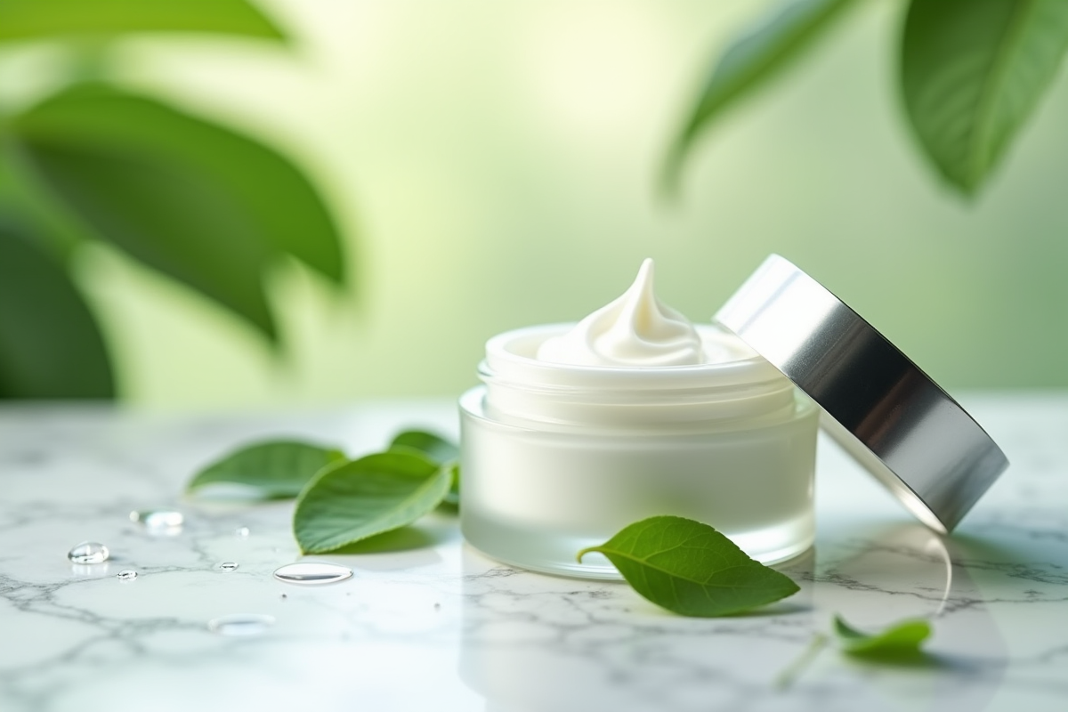 Pot de crème hydratante entouré de feuilles vertes et gouttes d