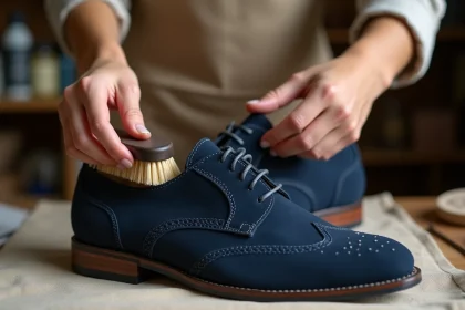 Femme appliquant une brosse spéciale sur une chaussure en daim bleu marine pour raviver sa couleur