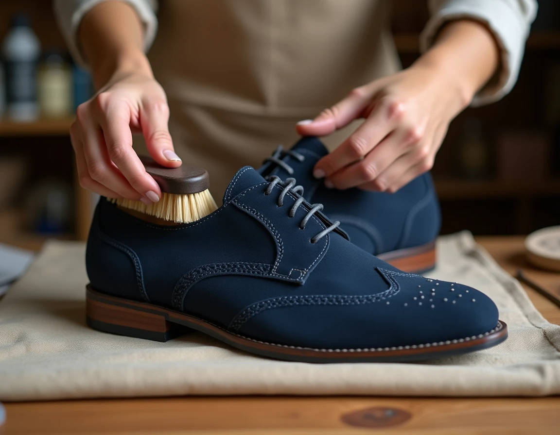 Femme appliquant une brosse spéciale sur une chaussure en daim bleu marine pour raviver sa couleur