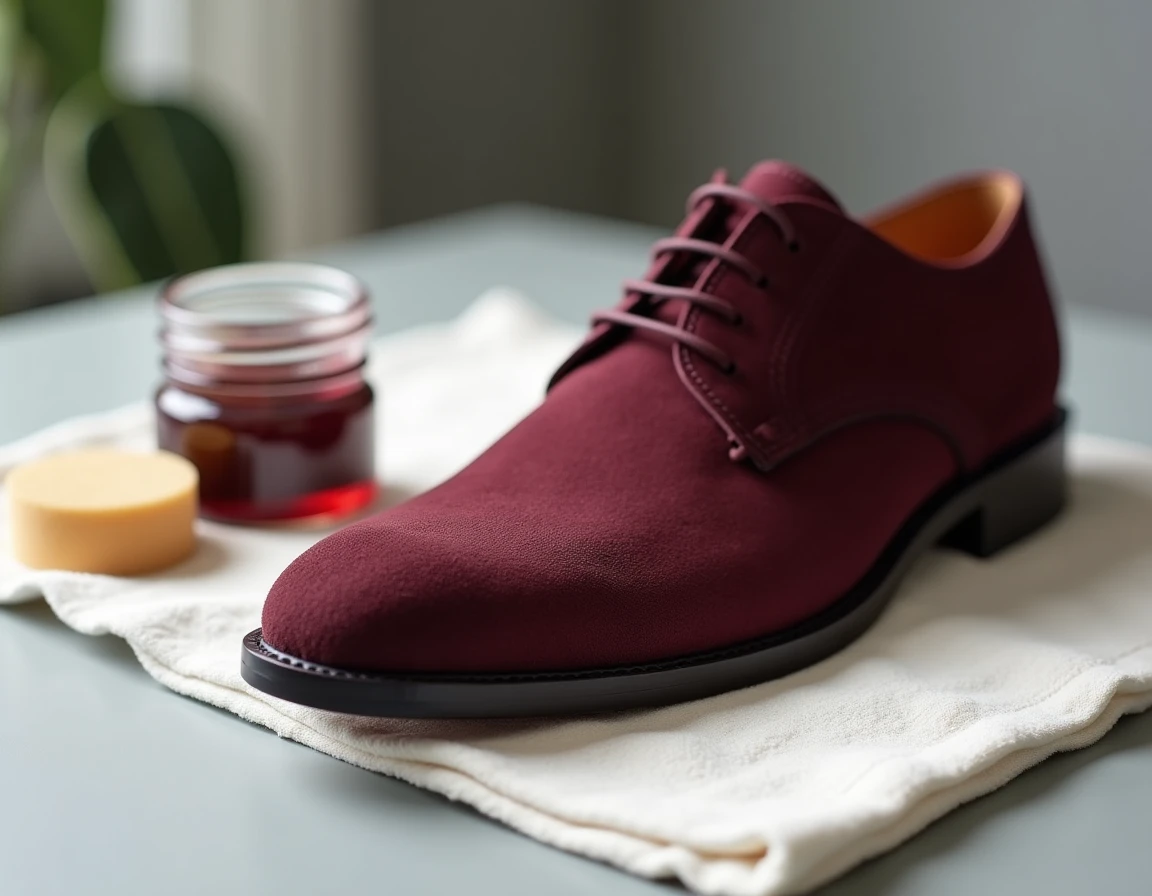 Détail d'une chaussure Oxford en daim bordeaux en cours de rénovation avec un produit colorant spécifique