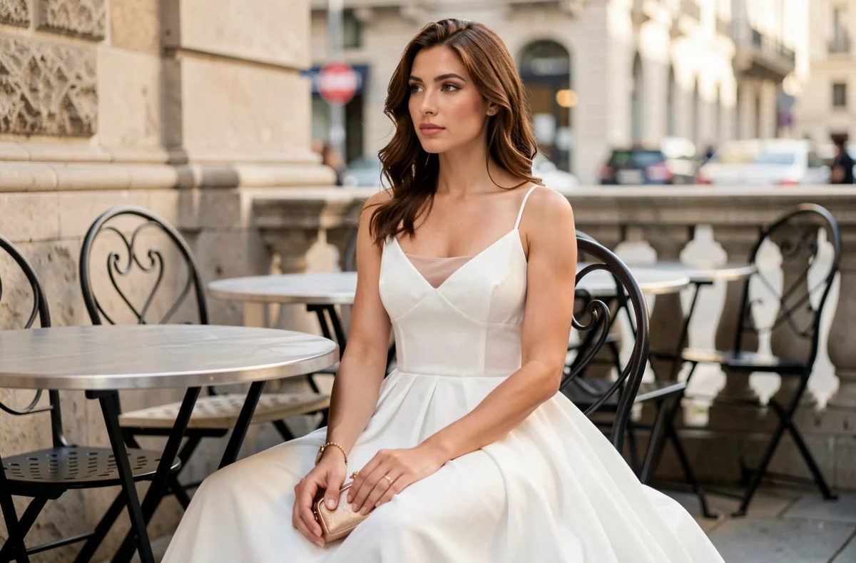 Femme en robe blanche en mousseline de soie avec fond de robe nude en terrasse de café parisien
