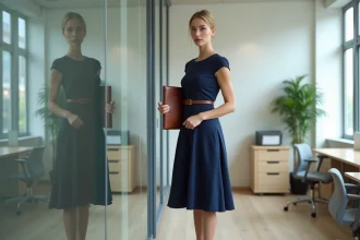 Femme en robe évasée bleu marine portée au bureau avec ceinture cuir et escarpins nude, tenue élégante professionnelle