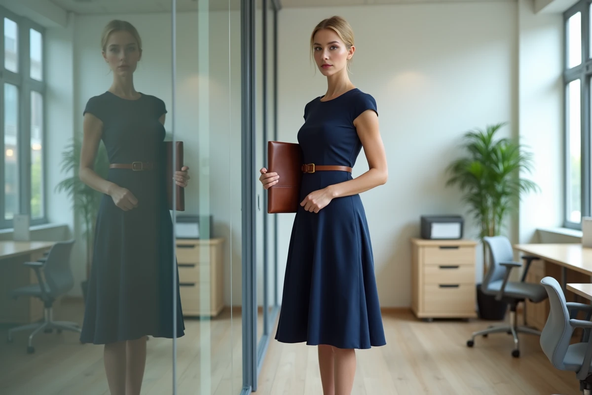 Femme en robe évasée bleu marine portée au bureau avec ceinture cuir et escarpins nude, tenue élégante professionnelle