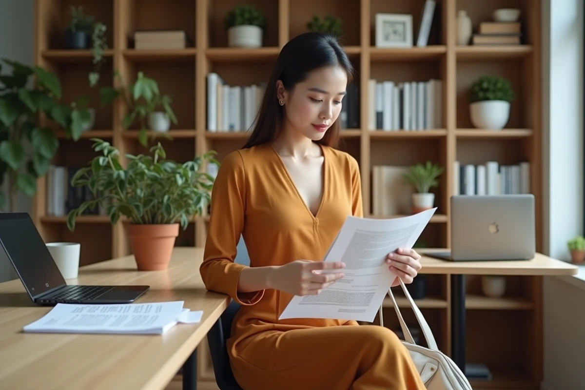 Femme assise au bureau en robe évasée camel à manches trois-quarts, style professionnel chic et moderne
