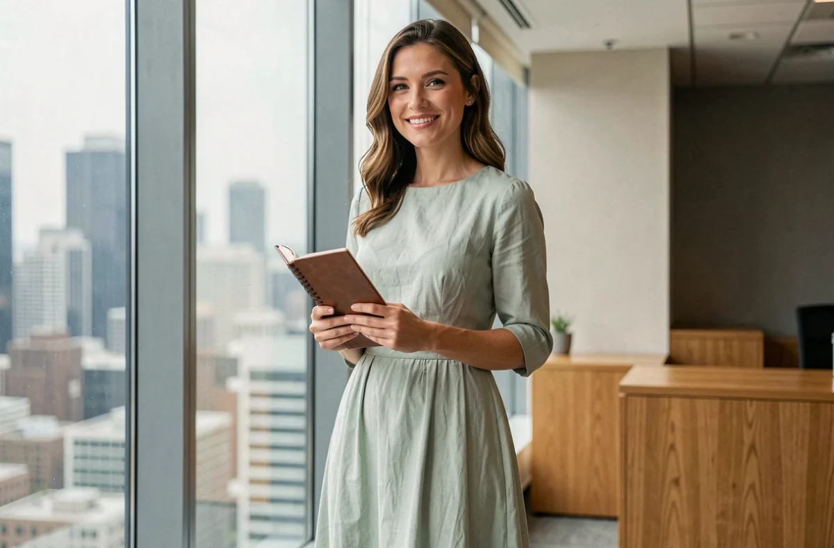 Femme professionnelle portant une robe fluide verte au bureau près d'une grande fenêtre avec vue sur la ville