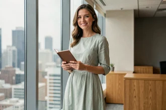 Femme professionnelle portant une robe fluide verte au bureau près d'une grande fenêtre avec vue sur la ville