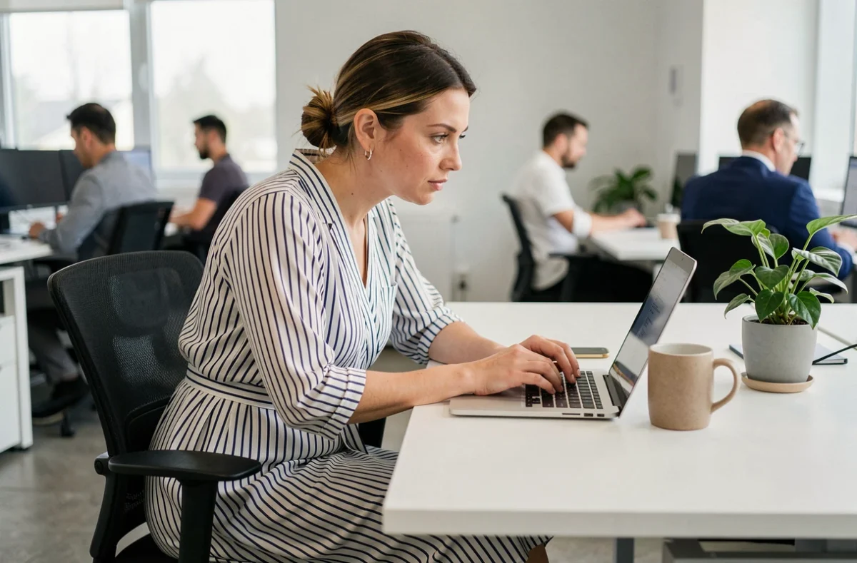 Femme en robe fluide rayée assise à un bureau de bureau ouvert travaillant sur un ordinateur portable en été