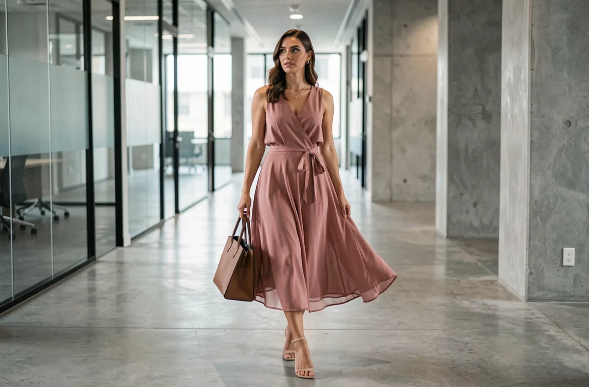 Femme en robe fluide rose en chiffon marchant dans un couloir de bureau moderne avec des sandales à talons blocs