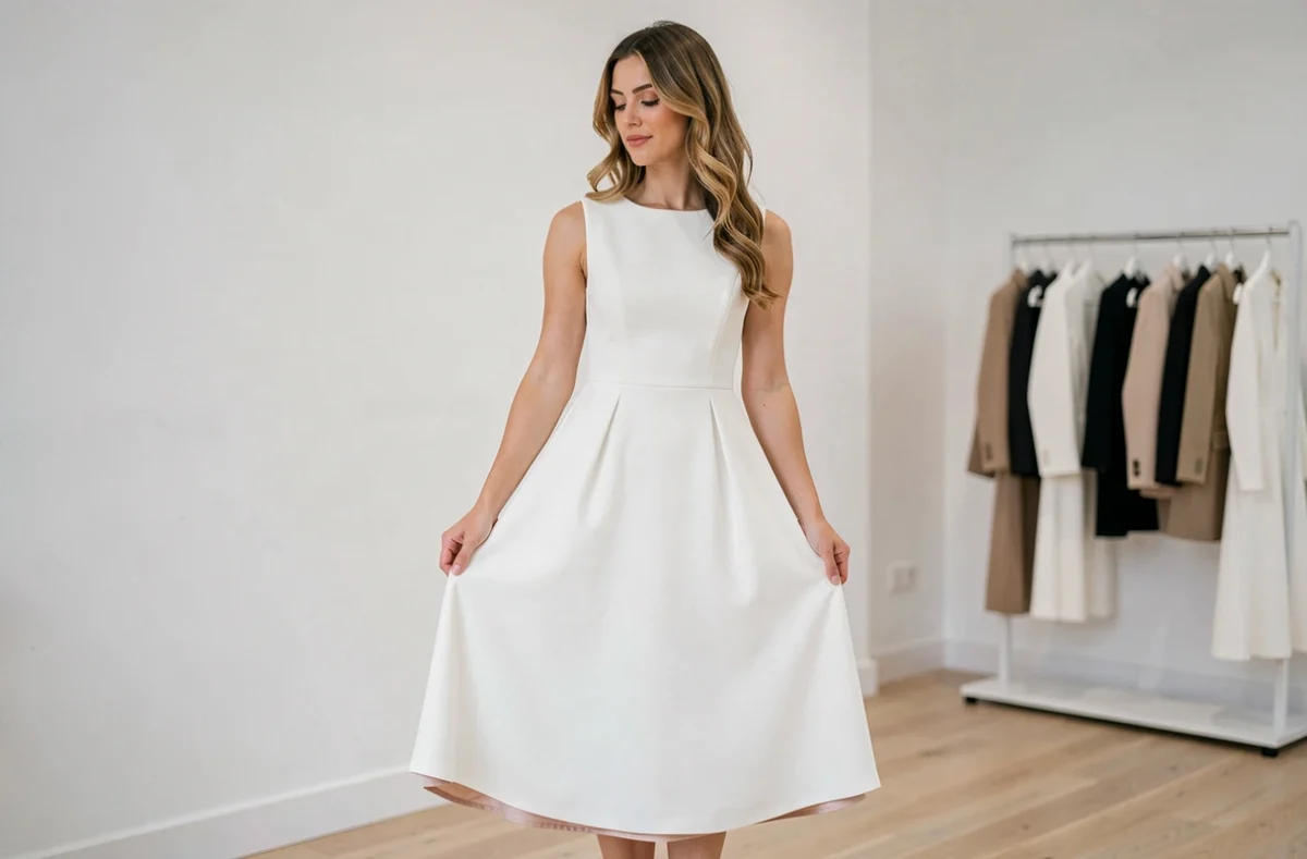 Femme portant une robe habillée blanche en crêpe mat avec doublure chair visible à l'ourlet dans une boutique minimaliste