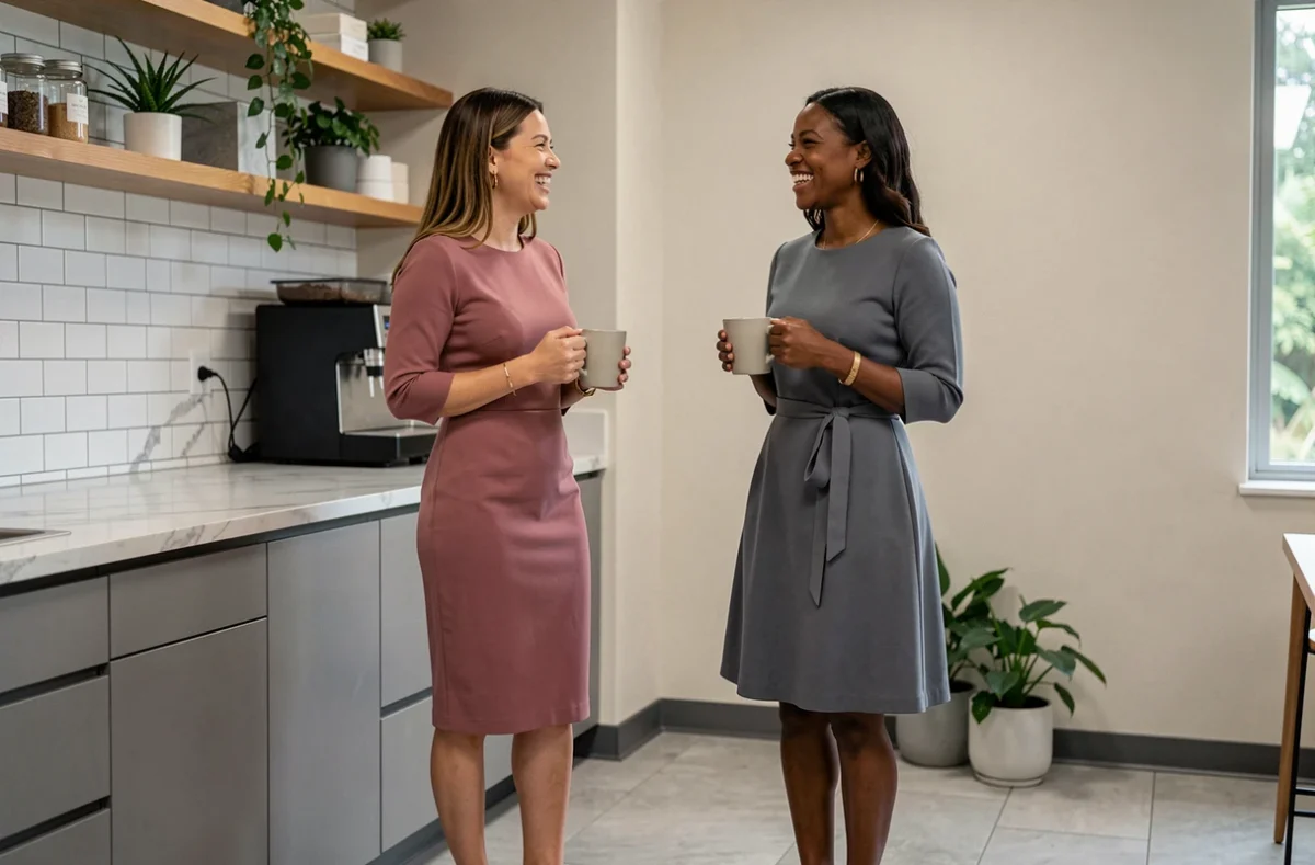 Deux femmes en robes JOHANNA PARIS discutant dans la salle de pause d'un bureau moderne