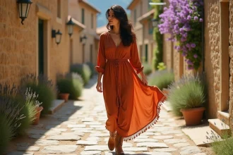 Femme en robe longue bohème terracotta portant des santiags en cuir tan dans une ruelle pavée provençale