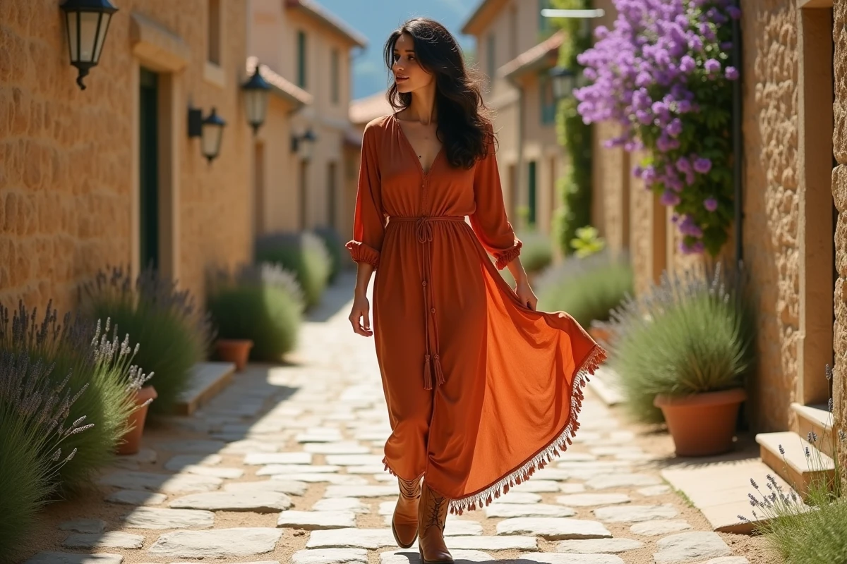 Femme en robe longue bohème terracotta portant des santiags en cuir tan dans une ruelle pavée provençale