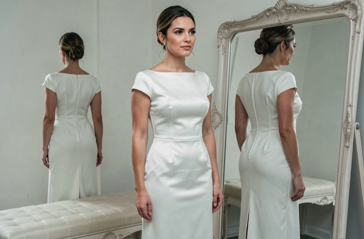 Robe habillée blanche en satin structurée avec doublure intérieure visible dans un dressing élégant avec miroir ancien