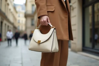 Femme tenant un sac à main en forme de croissant en cuir ivoire, tendance mode accessoires 2026, dans une rue parisienne