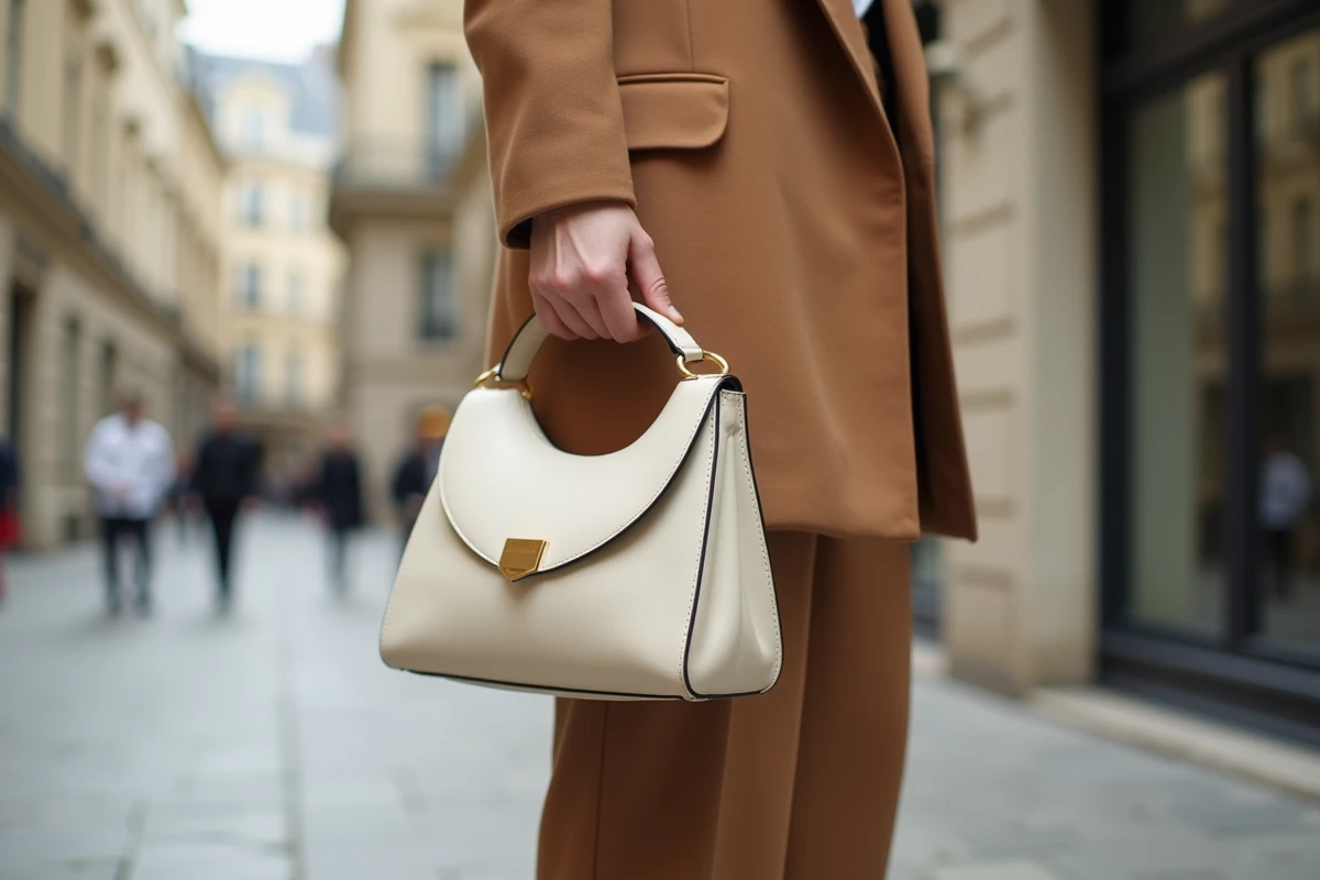 Femme tenant un sac à main en forme de croissant en cuir ivoire, tendance mode accessoires 2026, dans une rue parisienne