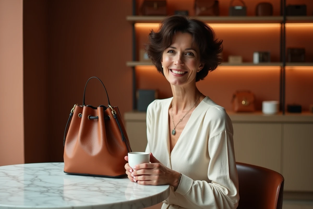 Femme assise en café parisien avec un sac seau plissé en cuir cognac, nouvelle forme tendance accessoire mode 2026