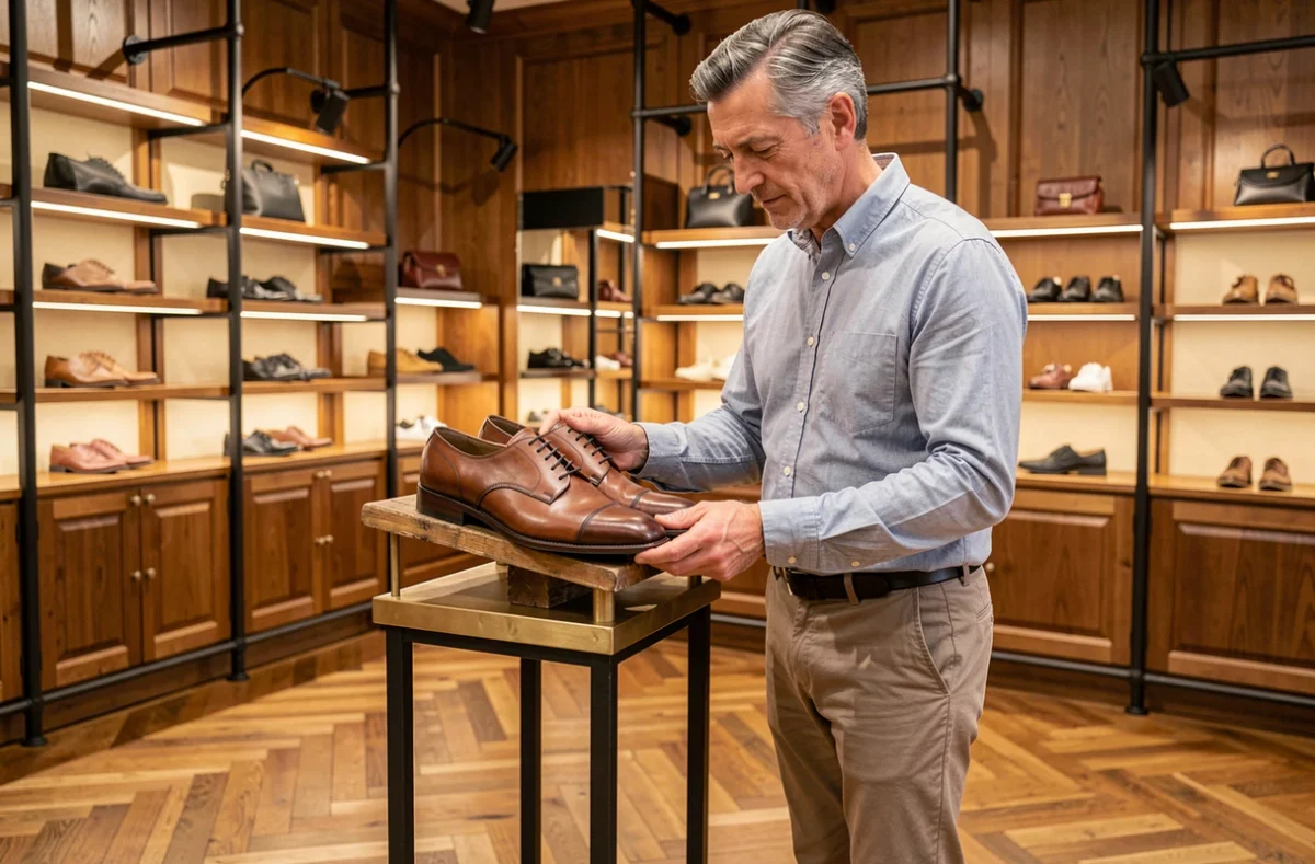 Un homme examinant des chaussures en cuir haut de gamme dans la boutique Salamander de Tours