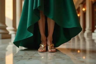 Sandales dorées à petit talon portées avec une robe de soirée verte sur un sol en marbre dans un hôtel élégant